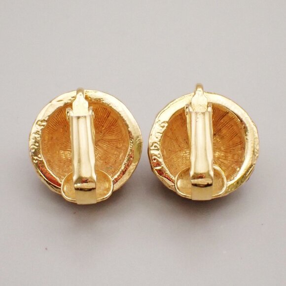 CHANEL CC Logo Rhinestone Round Button Earrings Clip-On Gold Vintage - Picture 10 of 16
